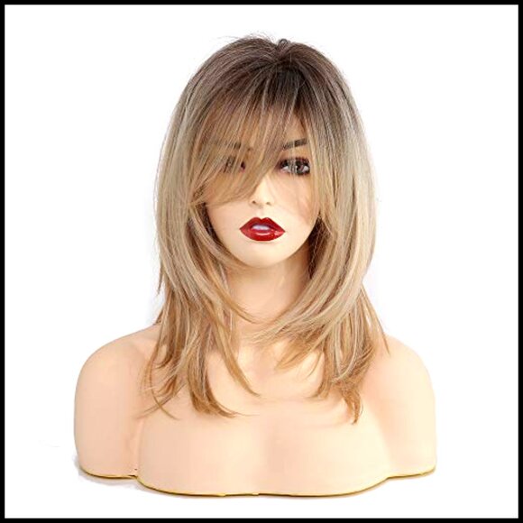 Shoulder Length Curly Wig with Bangs Layered Heat Resistant Glueless Cap main image 5